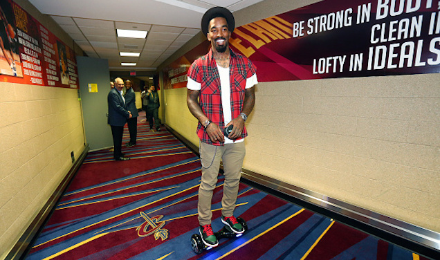 CLEVELAND, OH - JUNE 11: J.R. Smith #5 of the Cleveland Cavaliers arrives on a Phunkeeduck prior to Game Four of the 2015 NBA Finals at The Quicken Loans Arena on June 11, 2015 in Cleveland, Ohio. NOTE TO USER: User expressly acknowledges and agrees that, by downloading and/or using this Photograph, user is consenting to the terms and conditions of the Getty Images License Agreement. Mandatory Copyright Notice: Copyright 2015 NBAE (Photo by Nathaniel S. Butler/NBAE via Getty Images)